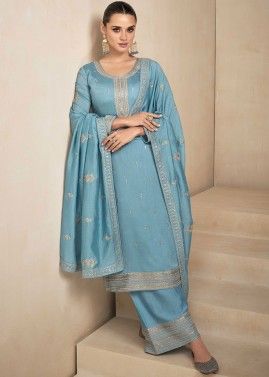 Blue Art Silk Embroidered Palazzo Suit Set