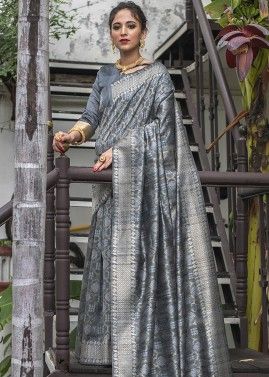 Grey Zari Woven Saree With Tussar Silk Blouse