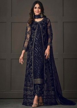 Blue Embroidered Net Jacket Style Suit Set