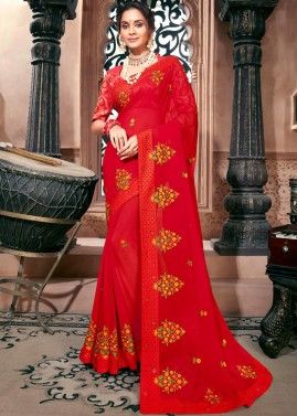 Red Embroidered Saree In Chiffon