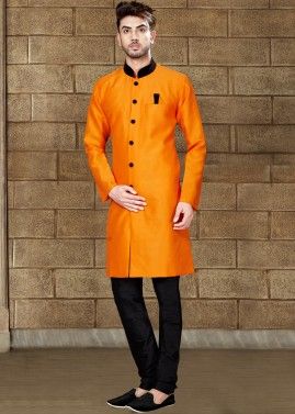 Readymade Orange Art Silk Sherwani with Churidar