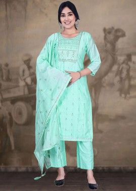 Turquoise Sequins Embroidered Readymade Pant Suit
