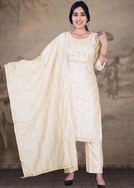 Cream Readymade Pant Suit In Sequins Embroidery