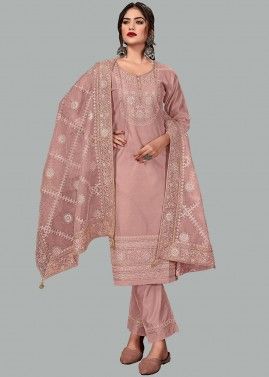Purple Thread Embroidered Readymade Pant Suit Set