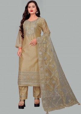 Beige Readymade Pant Suit In Thread Embroidery