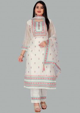 White Thread Embroidered Readymade Pant Suit 