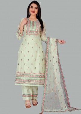 Green Readymade Pant Suit In Thread Embroidery