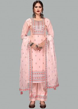 Pink Embroidered Readymade Chanderi Pant Suit Set