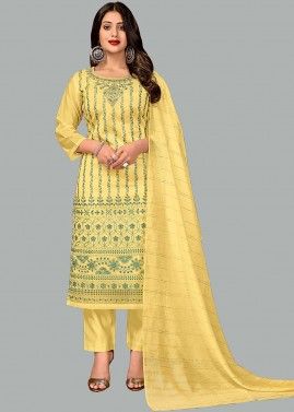 Yellow Embroidered Readymade Pant Suit In Chanderi