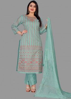 Blue Thread Embroidered Readymade Pant Suit