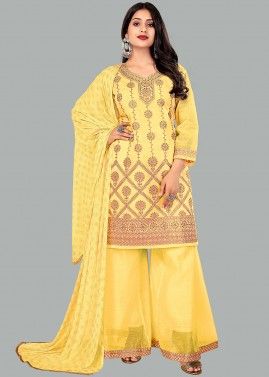 Yellow Embroidered Readymade Chanderi Palazzo Suit 