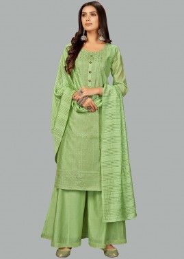 Green Readymade Palazzo Suit In Sequins Embroidery