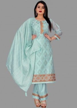 Blue Embroidered Readymade Chanderi Pant Suit