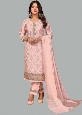 Peach Embroidered Readymade Chanderi Pant Suit 