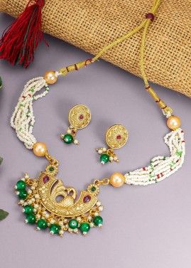 Green Embossed Necklace Set & Earrings