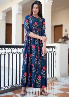 Blue Floral Block Print Indowestern Dress