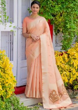Peach Zari Woven Saree With Linen Blouse