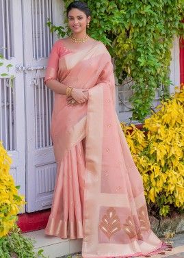 Pink Zari Woven Traditional Saree In Linen