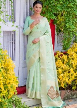 Green Festive Saree With Zari Woven Border