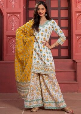 Off-White Floral Printed Sharara Suit Set