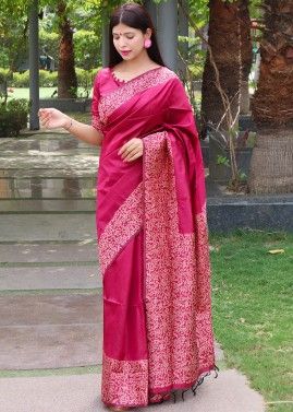 Pink Bridesmaid Zari Woven Saree With Blouse