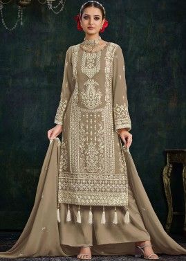 Brown Embroidered Straight Cut Suit Set