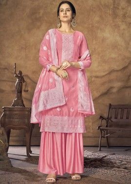 Pink Cotton Palazzo Suit In Woven Work