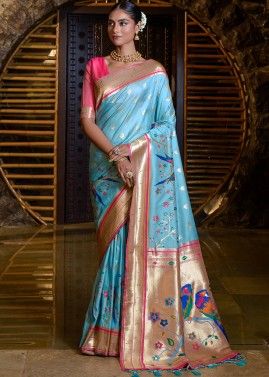 Blue Paithani Silk Woven Saree & Blouse