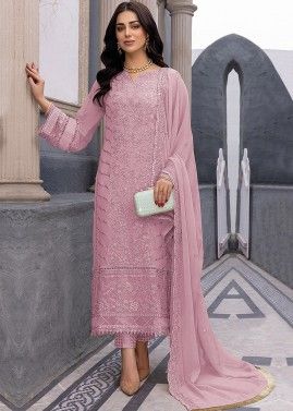Pink Embroidered Georgette Pant Suit