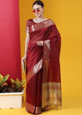 Maroon Zari Woven Traditional Saree With Heavy Pallu