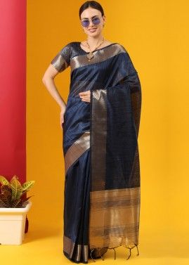 Blue Tussar Silk Zari Woven Saree With Blouse
