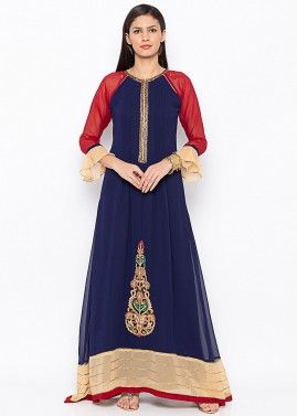 Blue Readymade Embroidered Kurta Set In Georgette