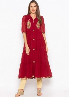 Red Readymade Tiered Kurta Set In Georgette
