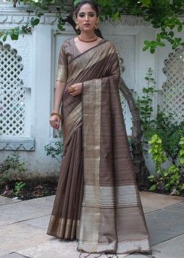 Brown Tussar Silk Saree In Zari Woven Work
