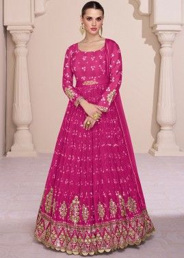 Pink Bandhej Printed Anarkali Suit Set