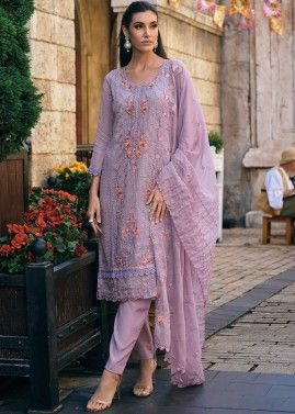 Purple Embroidered Pant Suit In Organza