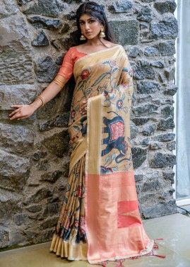 Beige Digital Printed Saree With Heavy Pallu