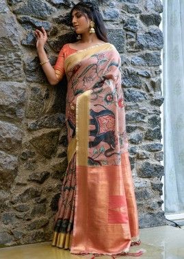 Peach Digital Printed Art Silk Saree With Blouse