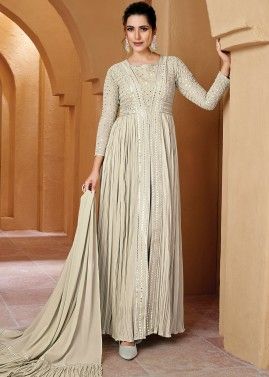 Cream Embroidered Slit Style Pant Suit