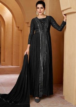 Black Embroidered Slitted Pant Suit In Georgette