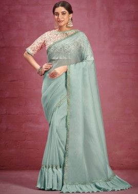 Blue Organza Saree With Embroidered Blouse