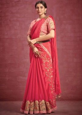 Pink Crape Saree With Embroidered Blouse