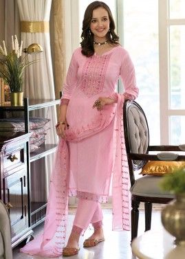 Readymade Pink Embroidered Pant Suit In Cotton