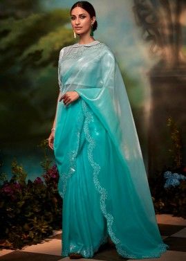 Turquoise Stone Embellished Saree In Silk