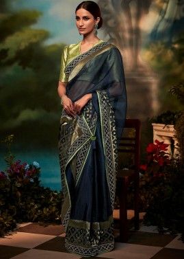 Blue Zari Woven Saree In Silk