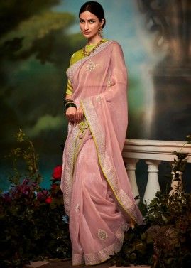 Pink Zari Embroidered Saree In Silk