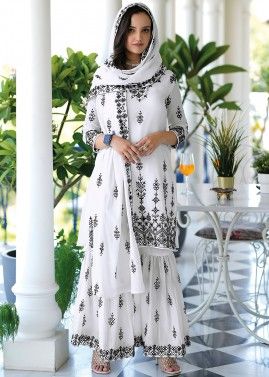 Readymade White Embroidered Gharara Style Suit