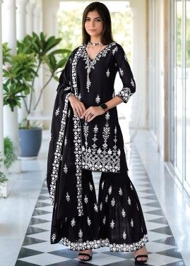 Readymade Black Embroidered Gharara Suit Set
