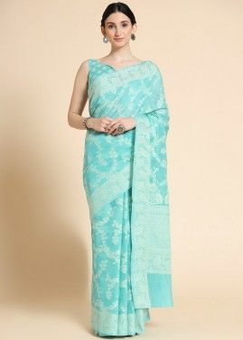 Turquoise Cotton Saree In Woven Work