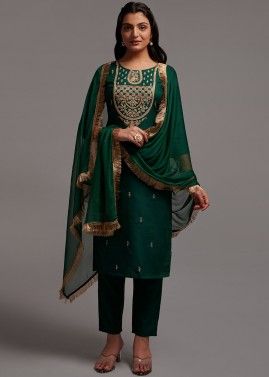 Green Embroidered Viscose Pant Style Suit
